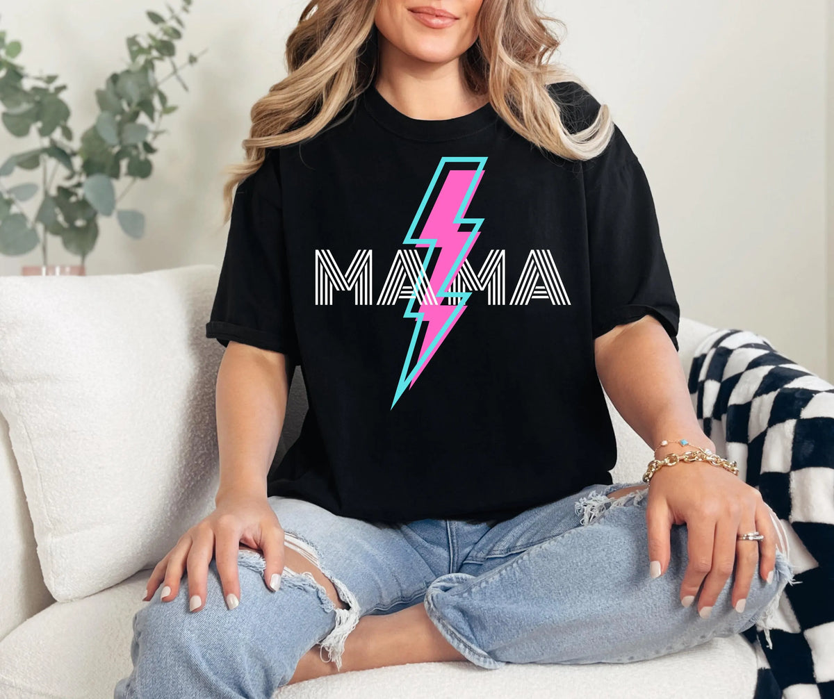 Retro Mama T-Shirt: 80s Lightning Bolt Design