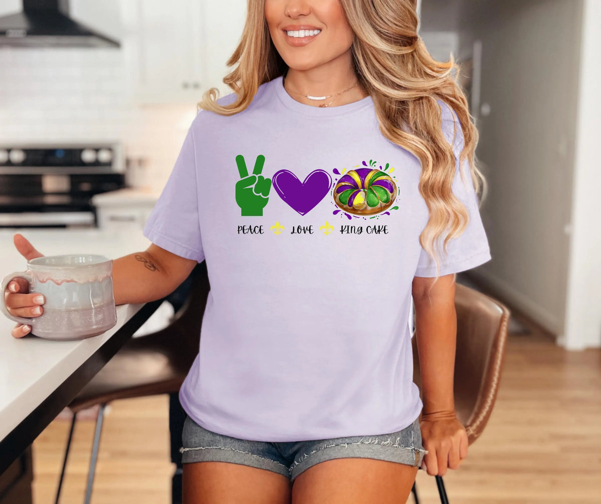 Peace Love King Cake Comfort Colors® Mardi Gras Shirt