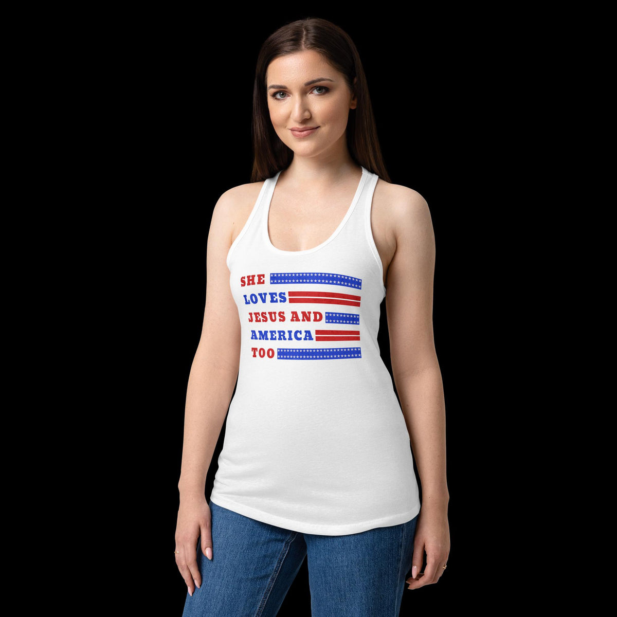 She Loves Jesus and America Too Next Level® Racerback Tank
