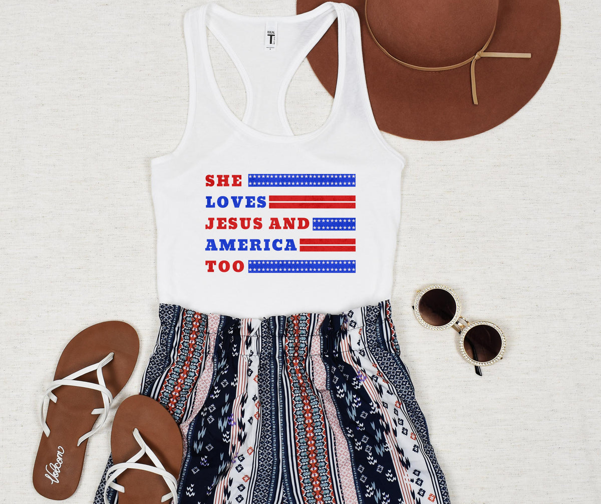She Loves Jesus and America Too Next Level® Racerback Tank