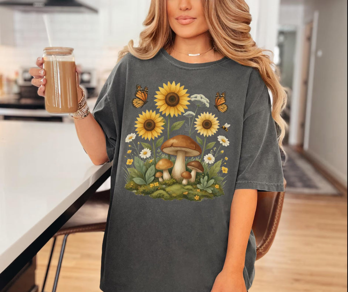 Sunflower Mushroom Botanical Shirt, Cottagecore Wildflower Graphic Tee