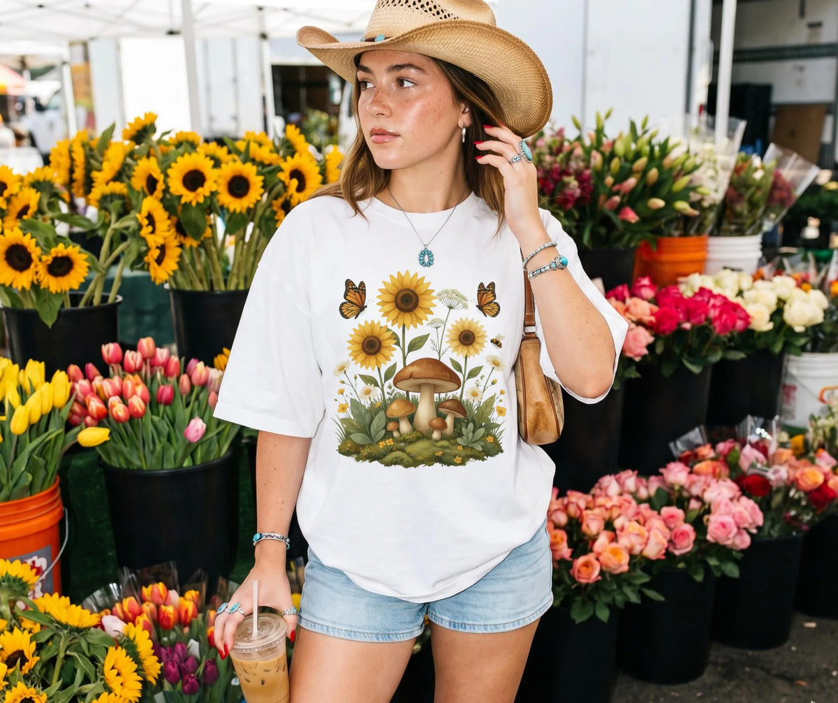 Sunflower Mushroom Botanical Shirt, Cottagecore Wildflower Graphic Tee