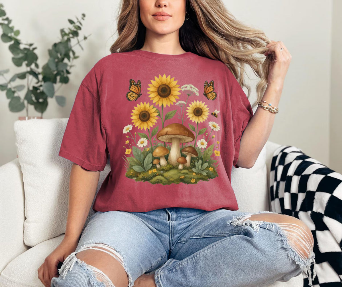 Sunflower Mushroom Botanical Shirt, Cottagecore Wildflower Graphic Tee
