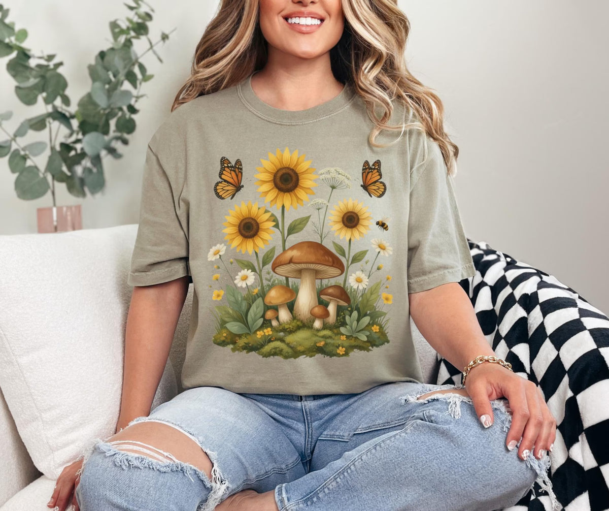 Sunflower Mushroom Botanical Shirt, Cottagecore Wildflower Graphic Tee