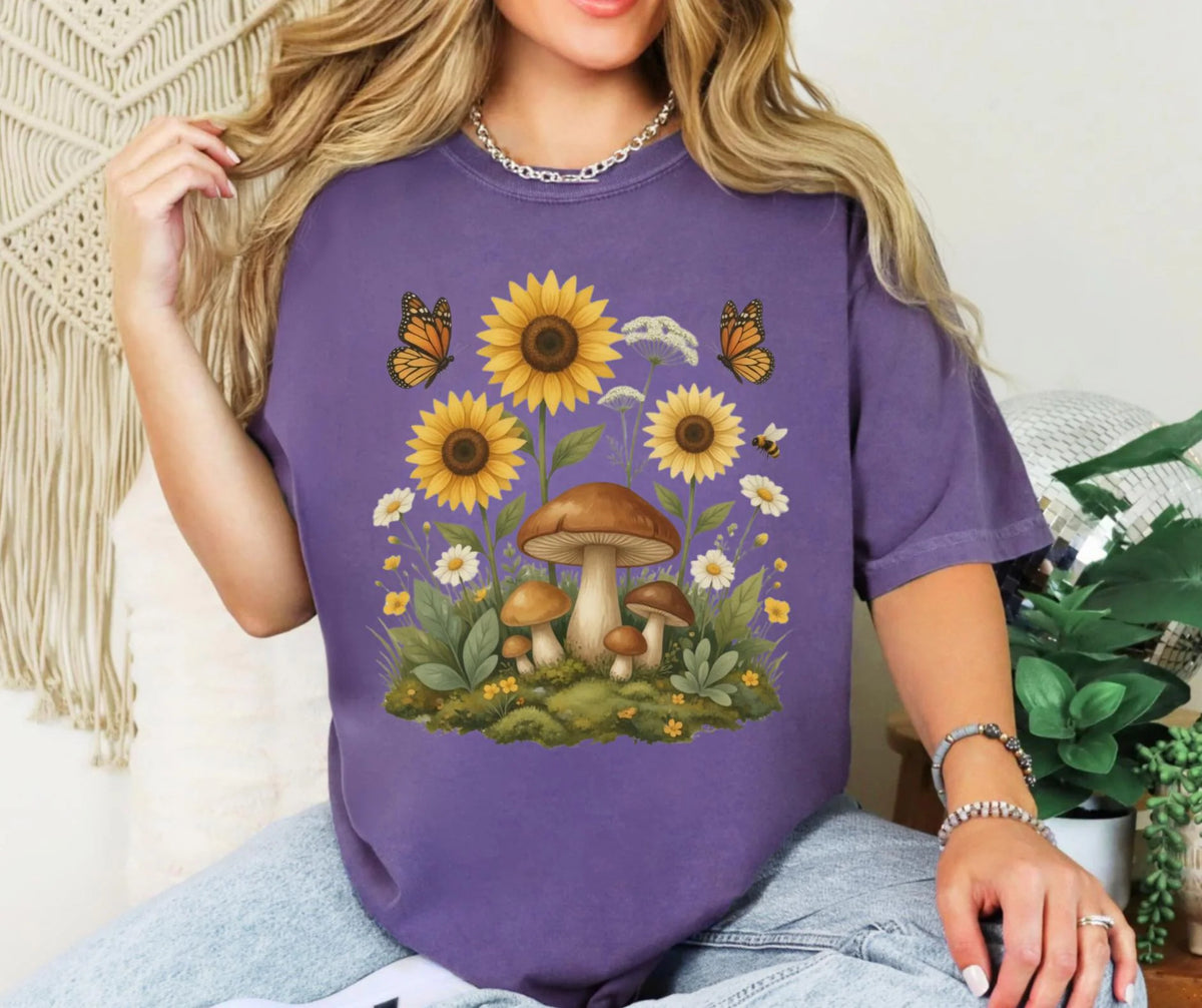 Sunflower Mushroom Botanical Shirt, Cottagecore Wildflower Graphic Tee