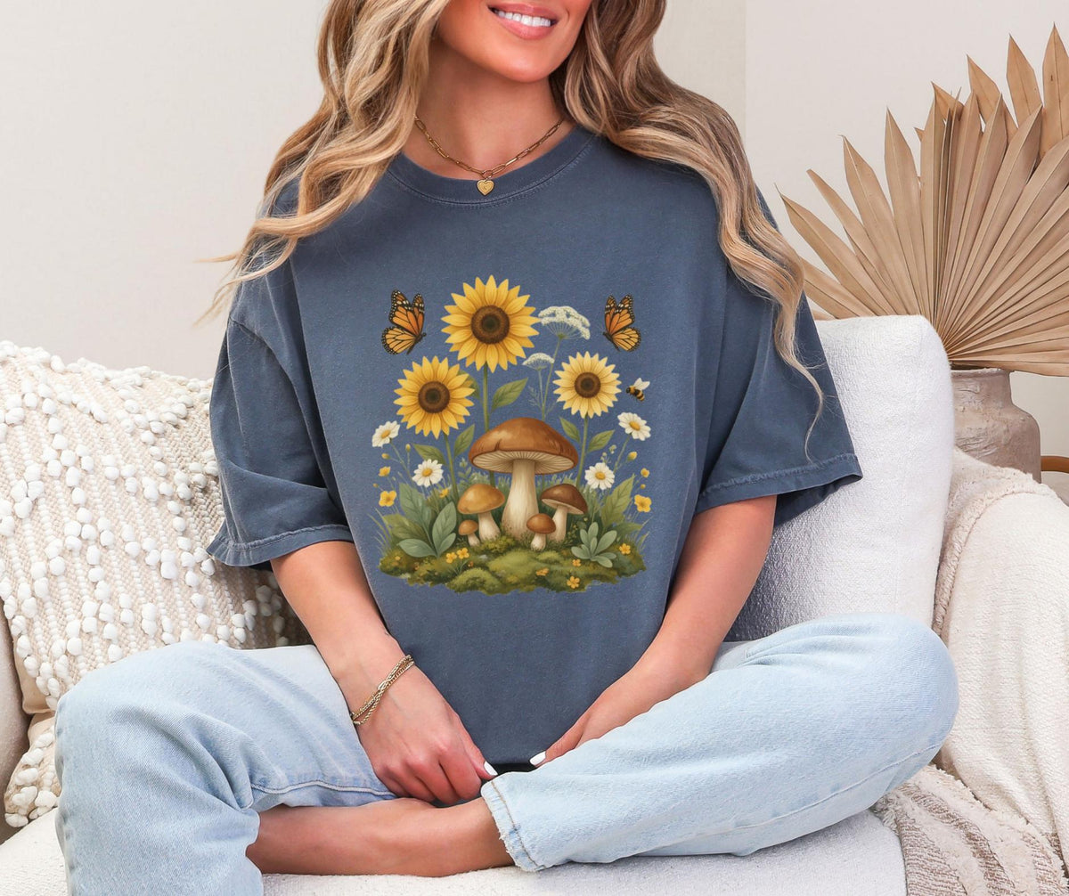 Sunflower Mushroom Botanical Shirt, Cottagecore Wildflower Graphic Tee