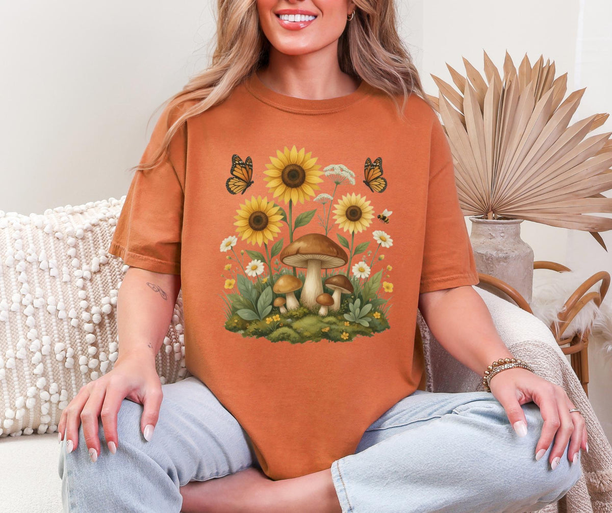 Sunflower Mushroom Botanical Shirt, Cottagecore Wildflower Graphic Tee