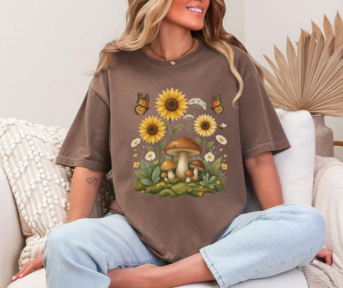 Sunflower Mushroom Botanical Shirt, Cottagecore Wildflower Graphic Tee