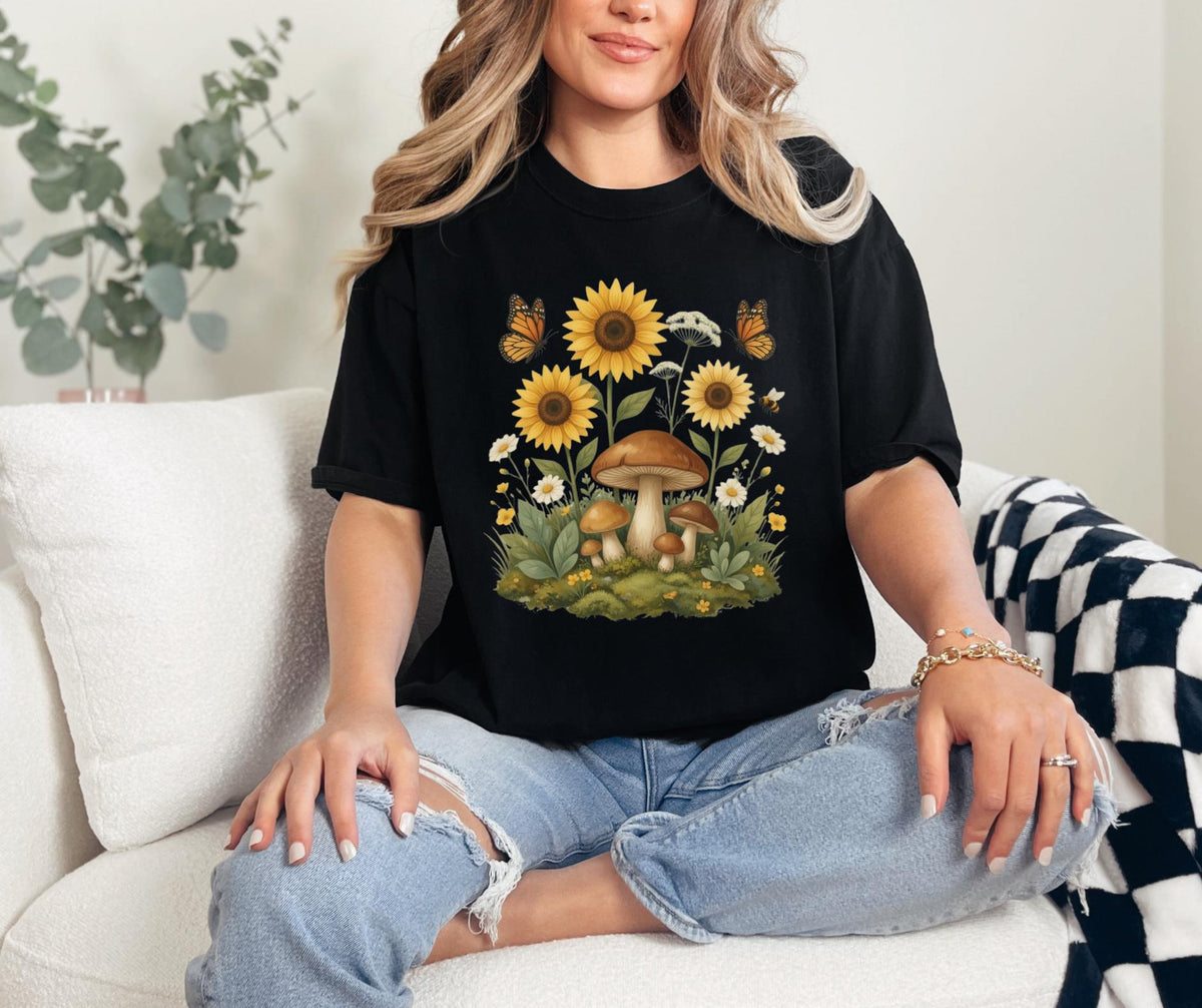 Sunflower Mushroom Botanical Shirt, Cottagecore Wildflower Graphic Tee