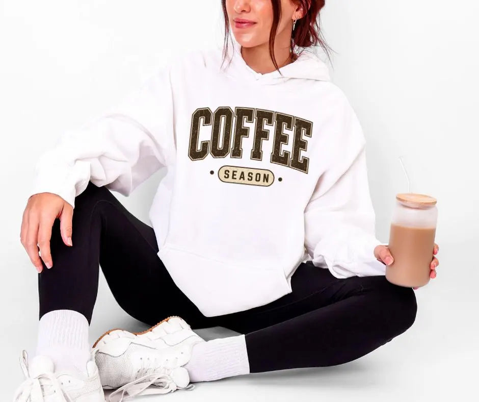 Coffee Season Collegiate Hoodie, Cozy Fall Sweatshirt, Coffee Lover Gift