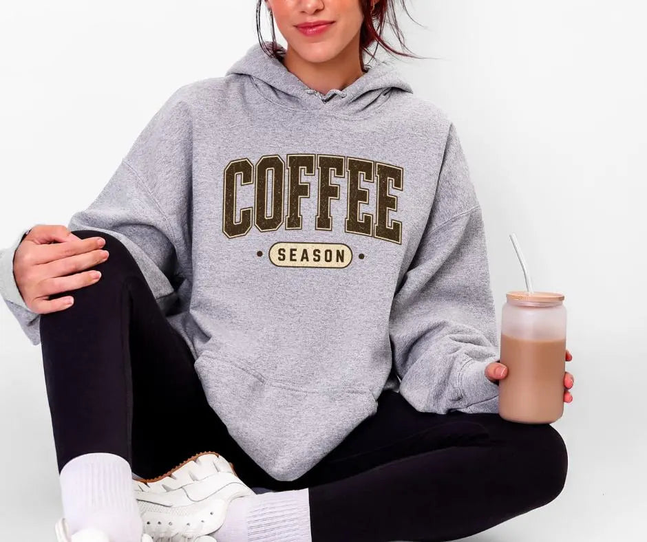 Coffee Season Collegiate Hoodie, Cozy Fall Sweatshirt, Coffee Lover Gift