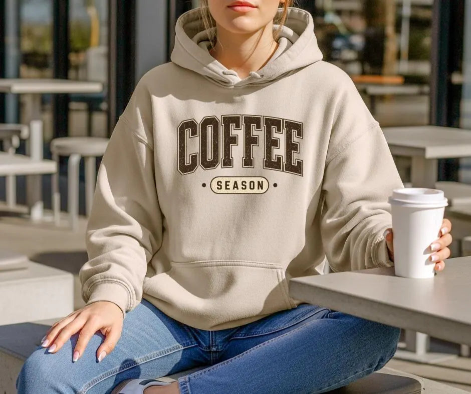 Coffee Season Collegiate Hoodie, Cozy Fall Sweatshirt, Coffee Lover Gift