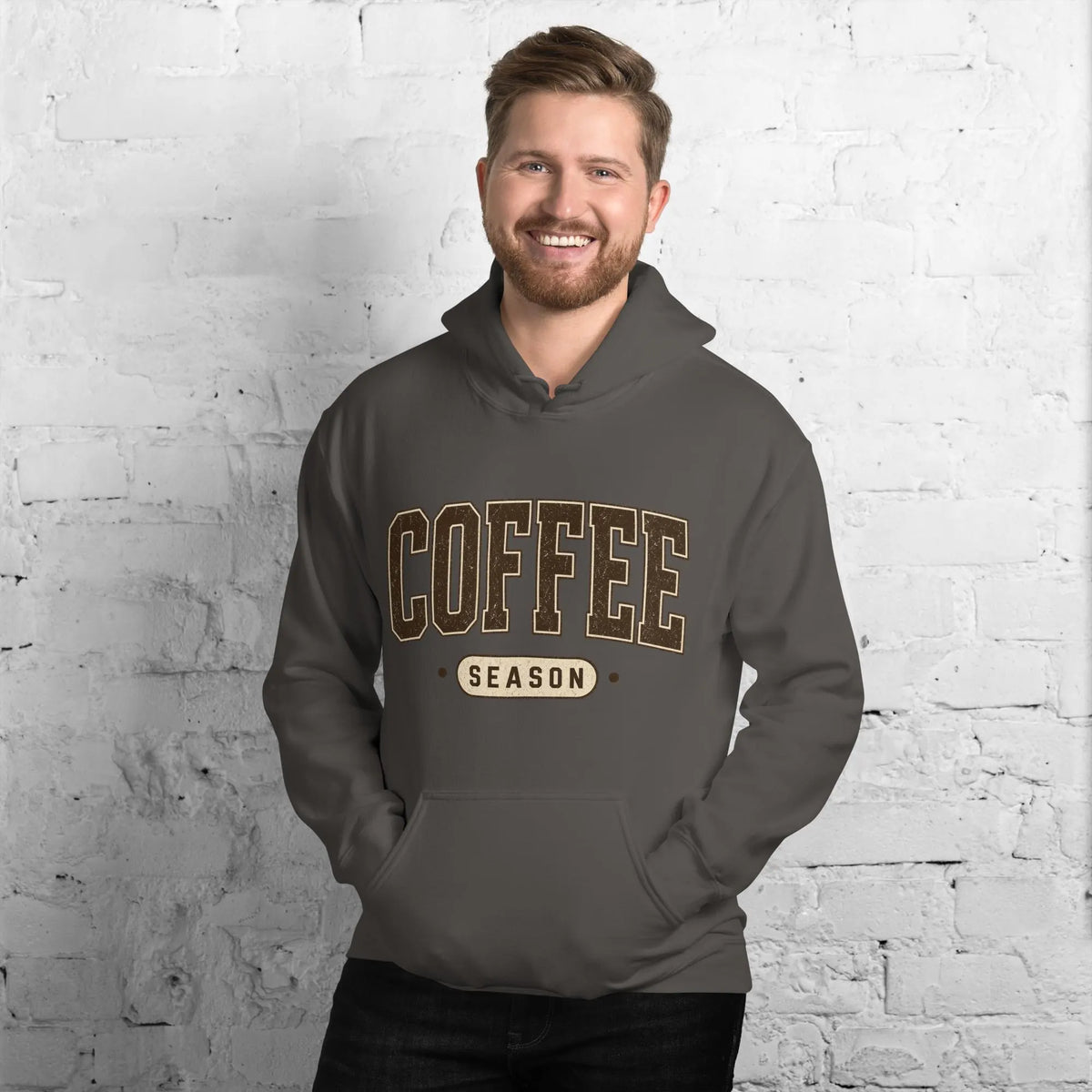 Coffee Season Collegiate Hoodie, Cozy Fall Sweatshirt, Coffee Lover Gift