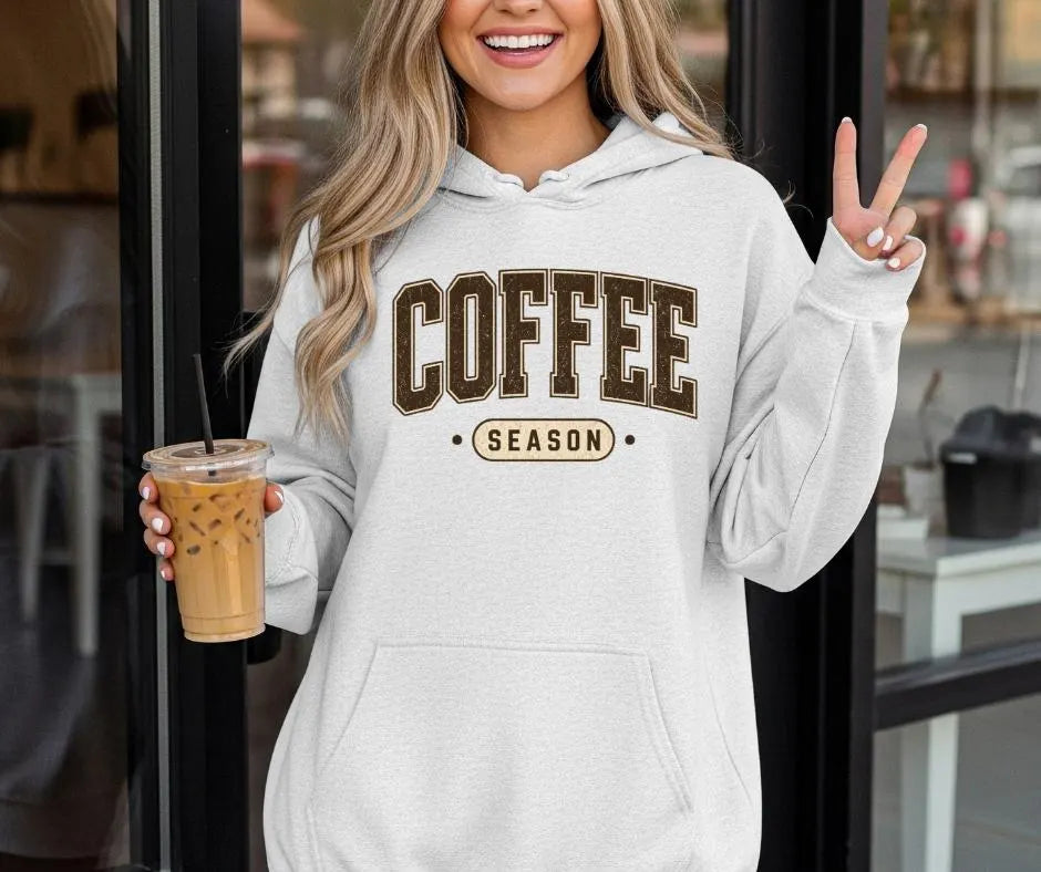 Coffee Season Collegiate Hoodie, Cozy Fall Sweatshirt, Coffee Lover Gift