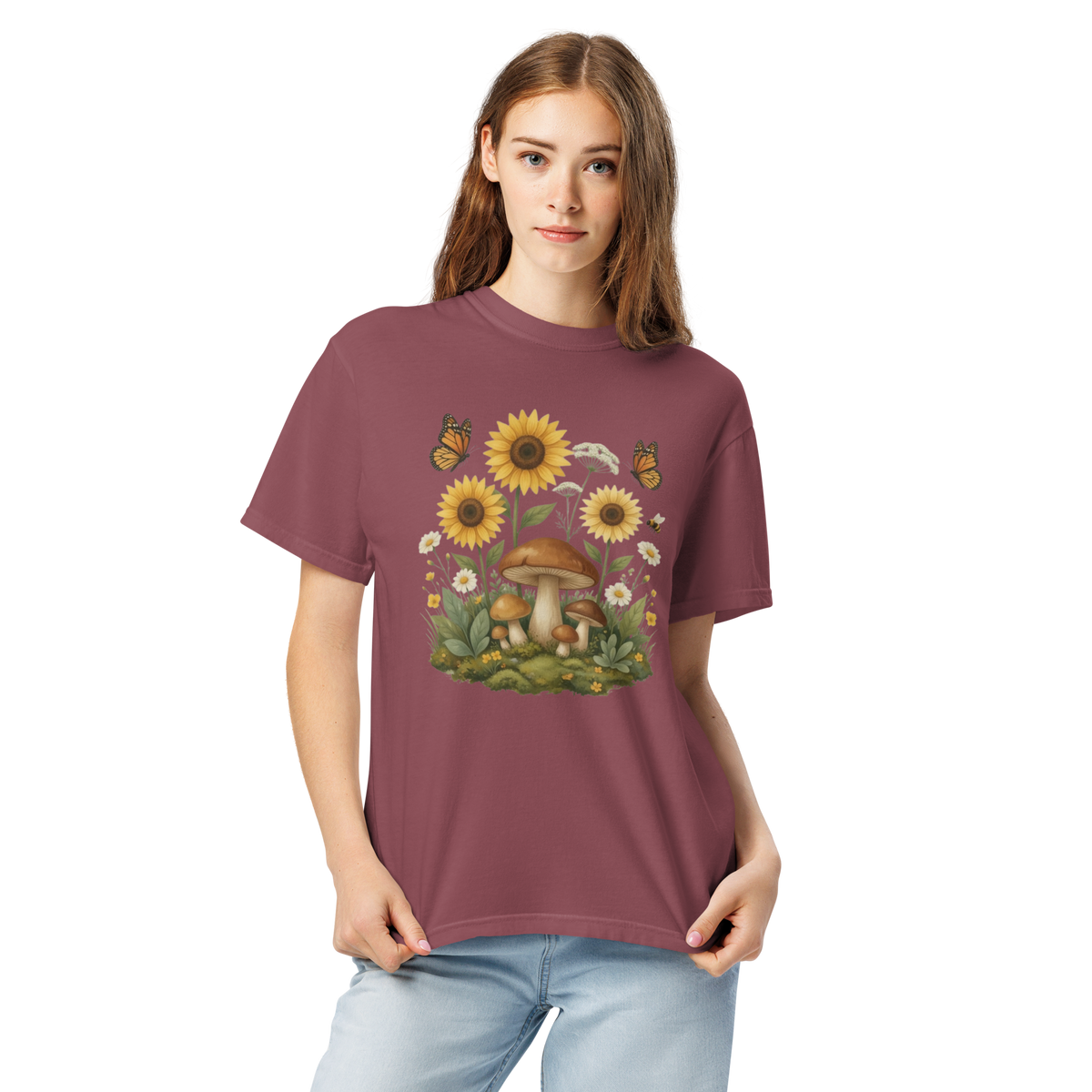 Sunflower Mushroom Botanical Shirt, Cottagecore Wildflower Graphic Tee