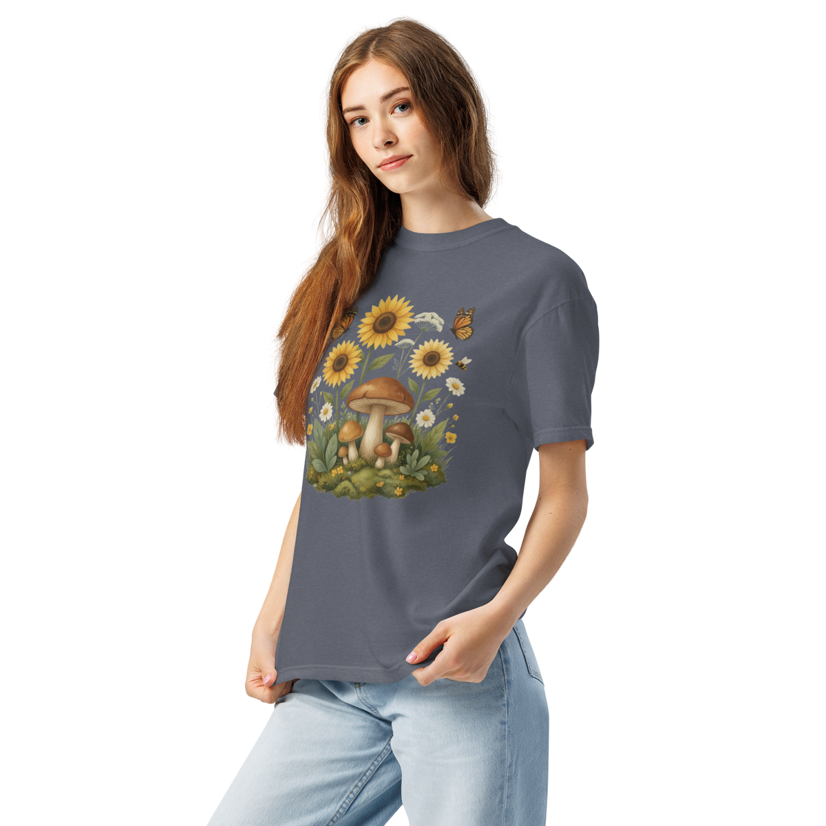 Sunflower Mushroom Botanical Shirt, Cottagecore Wildflower Graphic Tee