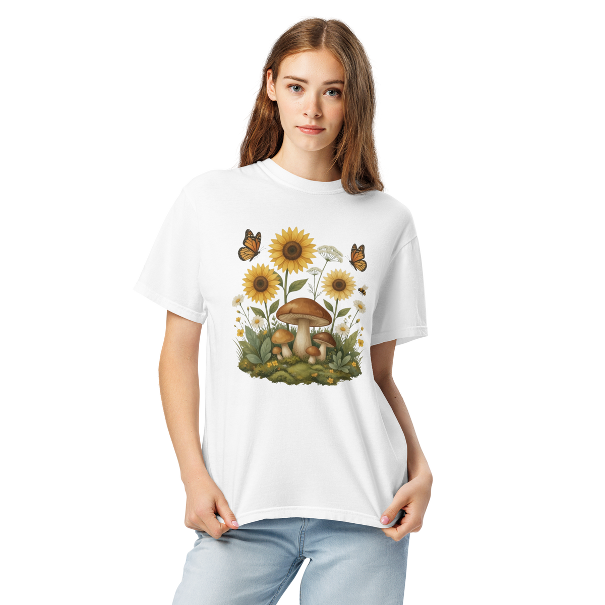 Sunflower Mushroom Botanical Shirt, Cottagecore Wildflower Graphic Tee