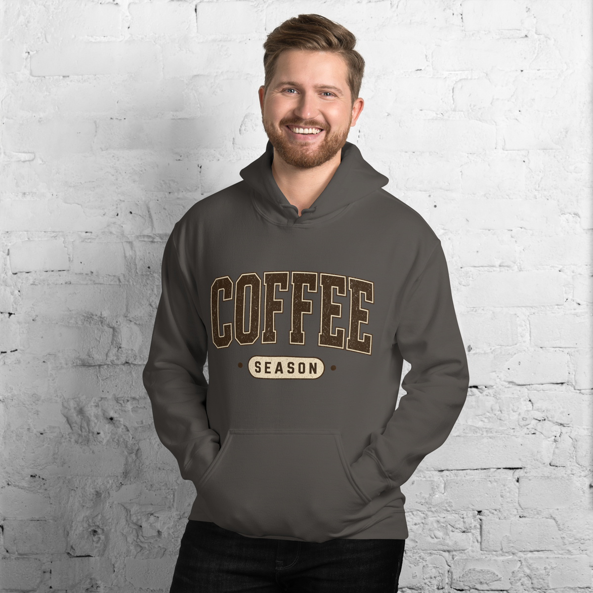 Coffee Season Collegiate Hoodie, Cozy Fall Sweatshirt, Coffee Lover Gift