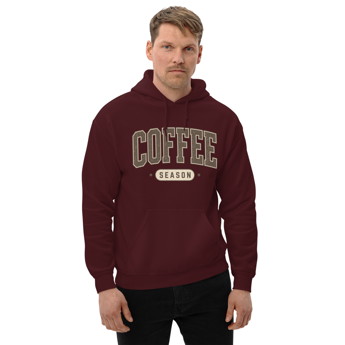 Coffee Season Collegiate Hoodie, Cozy Fall Sweatshirt, Coffee Lover Gift