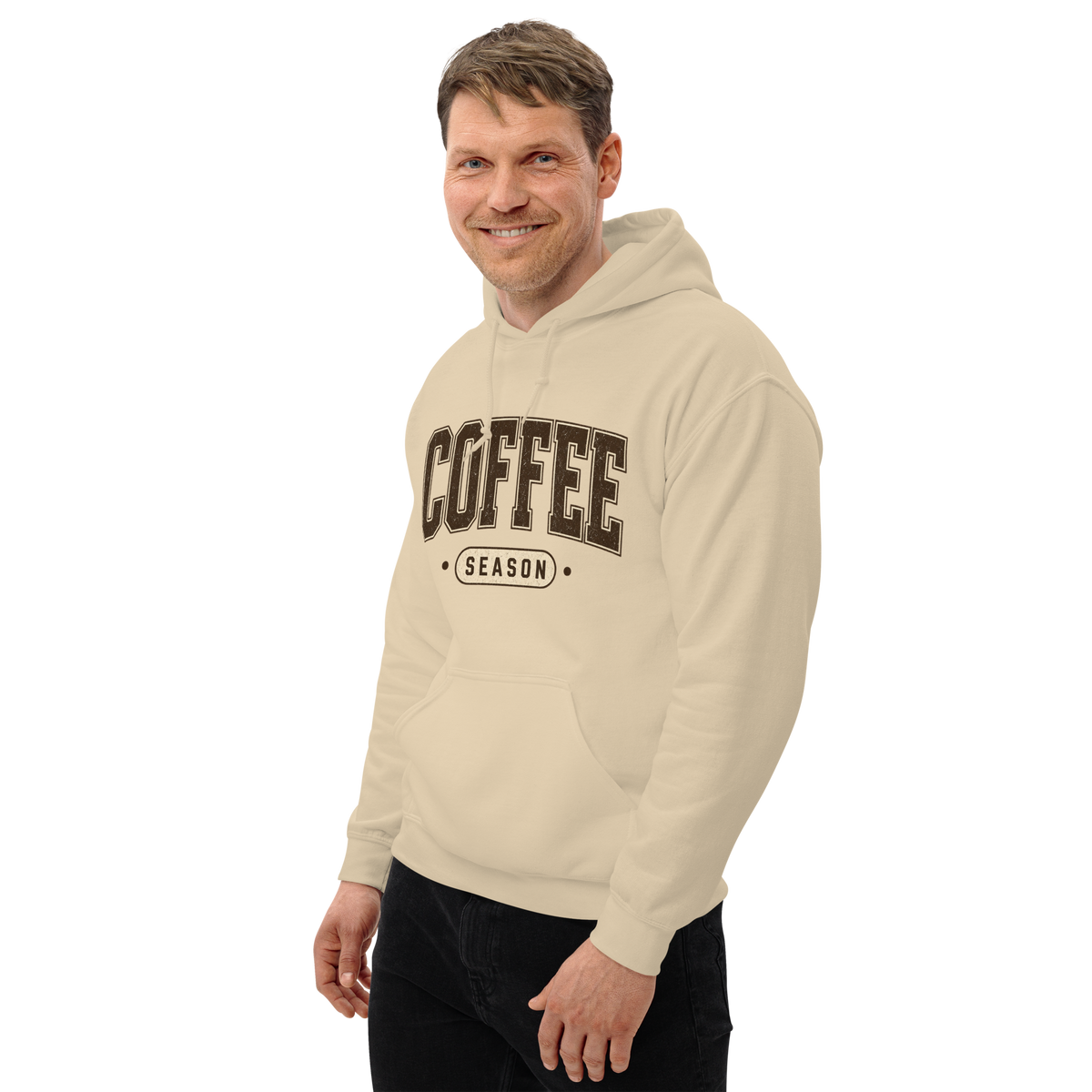 Coffee Season Collegiate Hoodie, Cozy Fall Sweatshirt, Coffee Lover Gift
