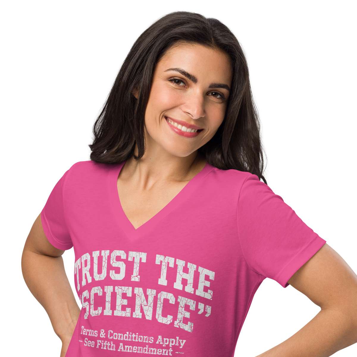 Women's V-Neck T-Shirt | Distressed "Trust the Science" Sarcastic Political Tee