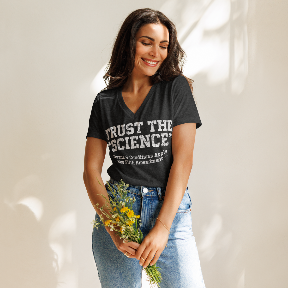 Women's V-Neck T-Shirt | Distressed "Trust the Science" Sarcastic Political Tee