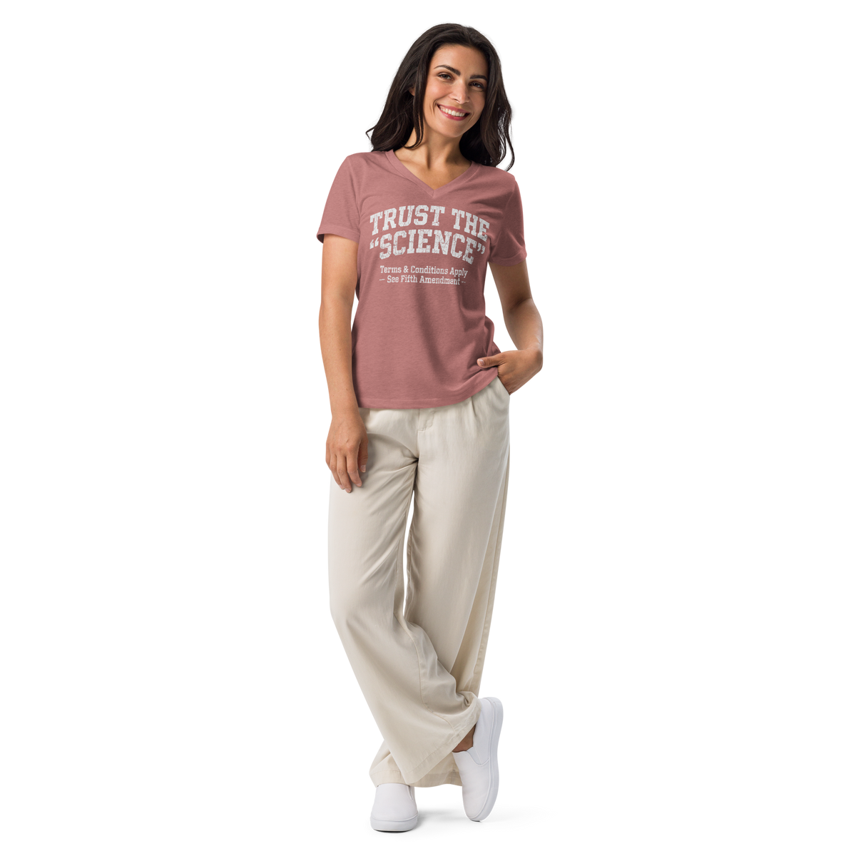 Women's V-Neck T-Shirt | Distressed "Trust the Science" Sarcastic Political Tee