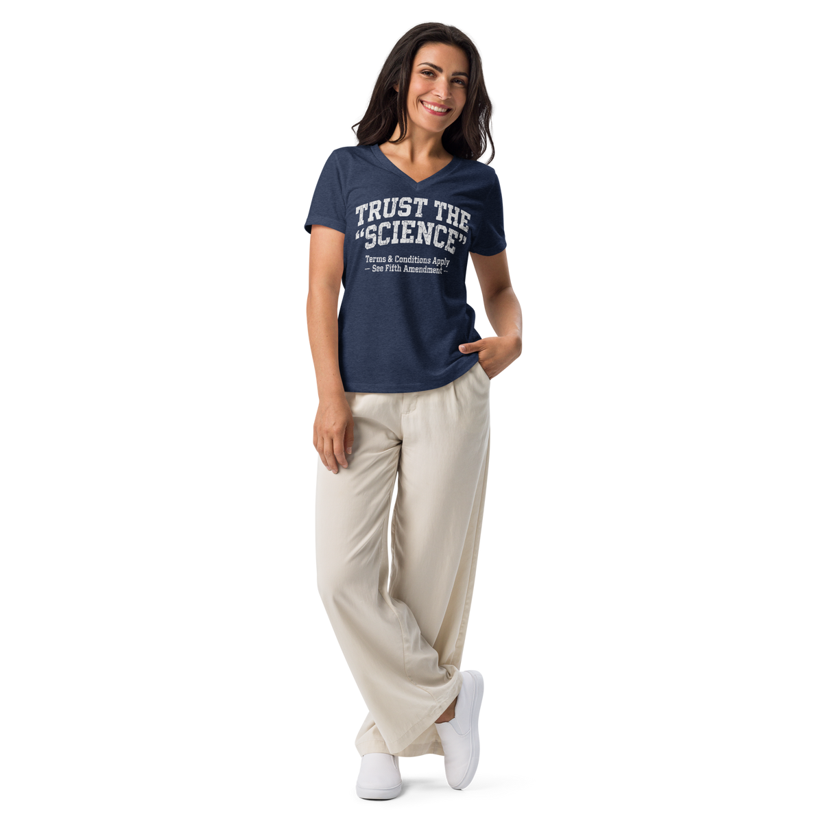 Women's V-Neck T-Shirt | Distressed "Trust the Science" Sarcastic Political Tee