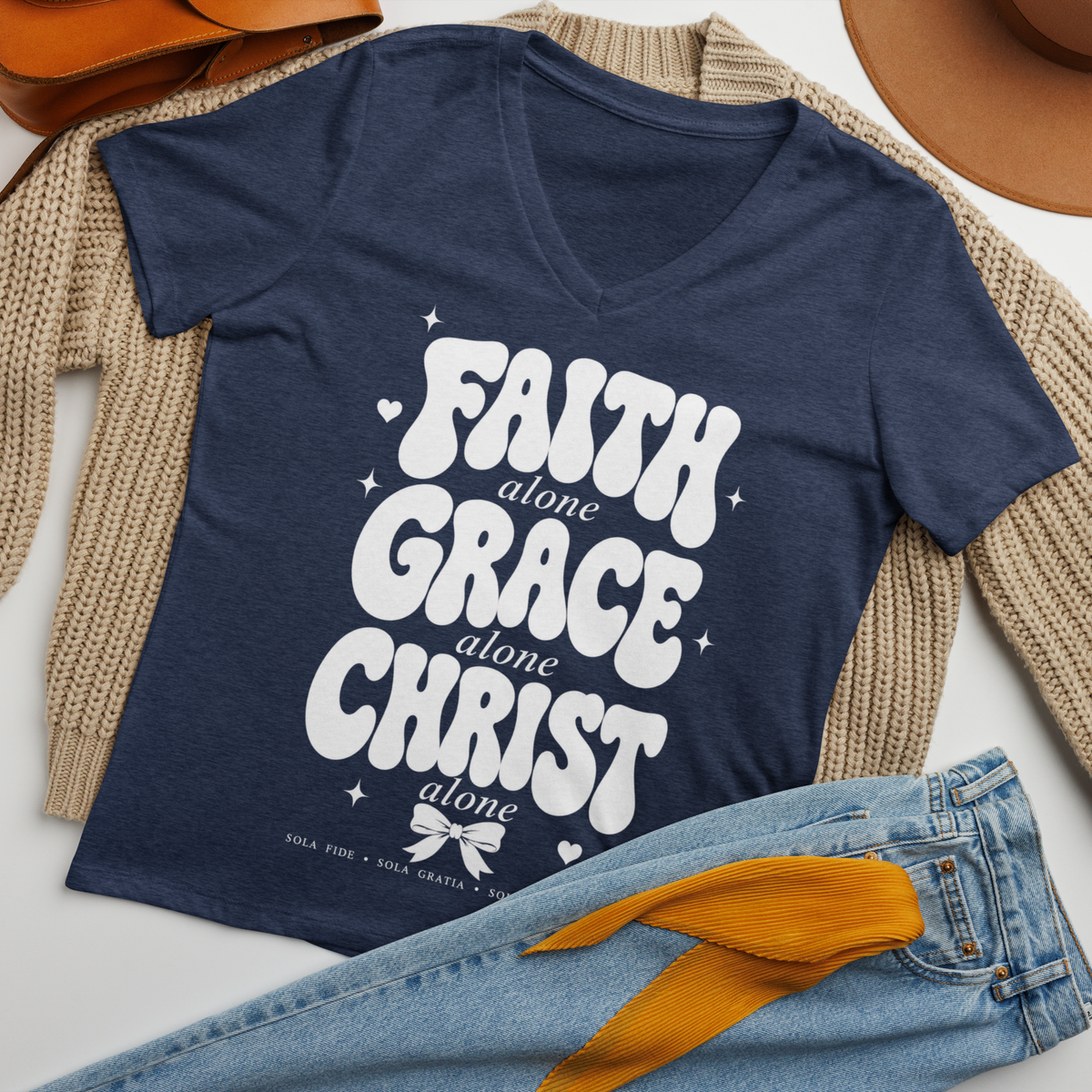 Faith Grace Christ Alone BELLA+CANVAS® Christian V-Neck Tee