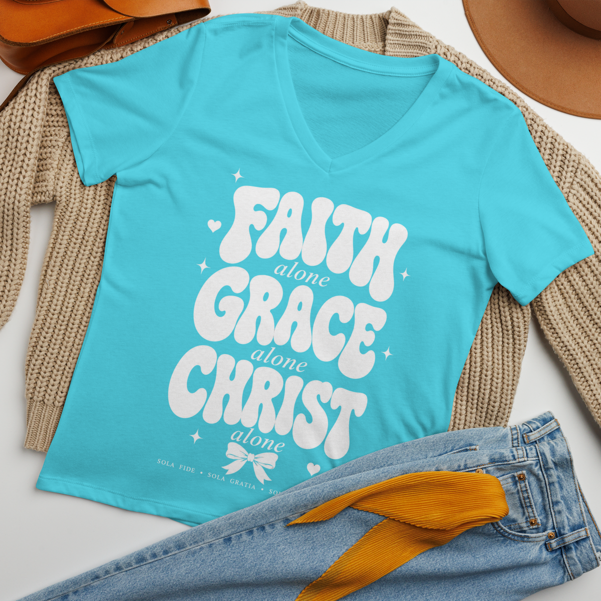 Faith Grace Christ Alone BELLA+CANVAS® Christian V-Neck Tee
